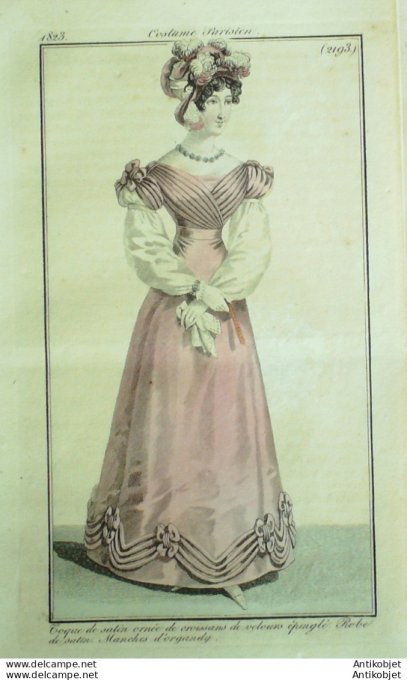 Gravure de mode Costume Parisien 1823 n°2193 Robe de satin  manches d'organdy