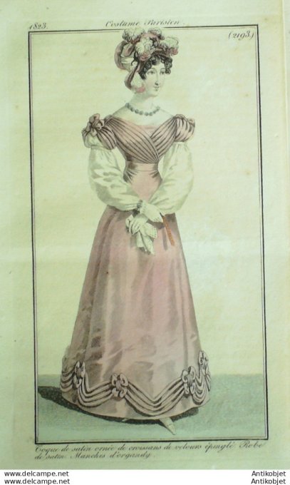 Costume Parisien 1823 # 2193 Robe de satin  manches d'organdy