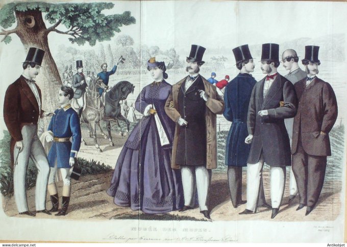 Gravure Mode Musee 1864- 5 (Old Fashion plate) Rare Amazone Cavaliers