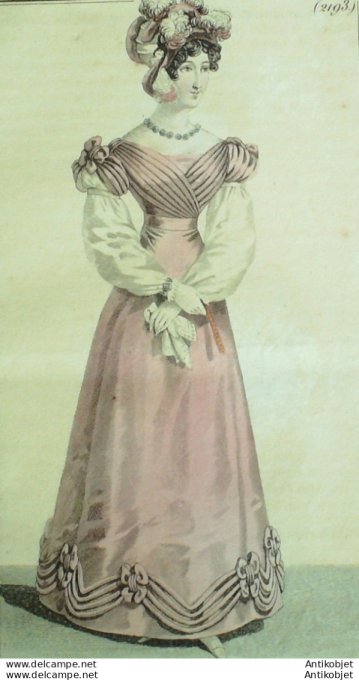 Gravure de mode Costume Parisien 1823 n°2193 Robe de satin  manches d'organdy