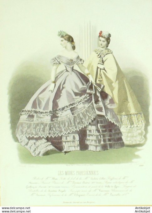 Gravure Les Modes Parisiennes 1863 #1080 Robes satin Maison Blum
