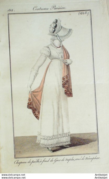 Gravure de mode Costume Parisien 1812 n°1228 Chapeau de paille & Nénuphar