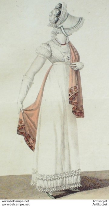 Gravure de mode Costume Parisien 1812 n°1228 Chapeau de paille & Nénuphar
