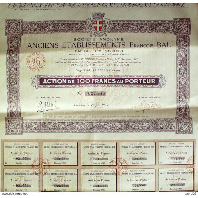 François Bal Ets (Tanneries) Chambery (73) action 100 Fr 1925