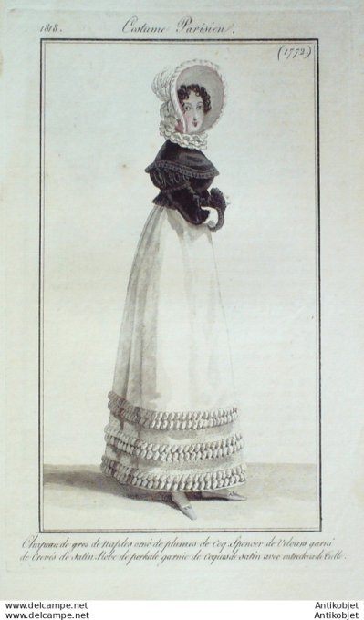 Gravure de mode Costume Parisien 1818 n°1772 Spencer de velours  Robe perkale