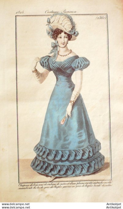 Gravure de mode Costume Parisien 1825 n°2360 Robe gros de Naples garnie