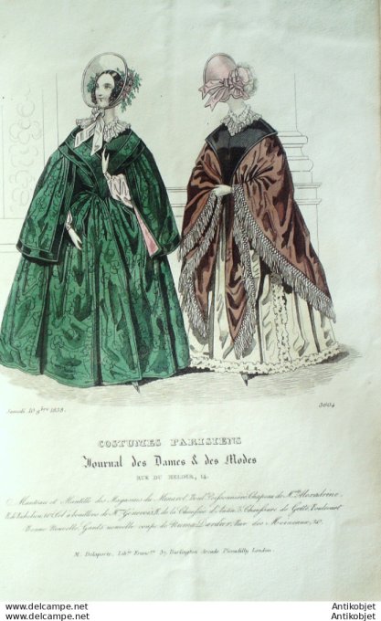 Gravure de mode Costume Parisien 1838 n°3604 Manteau et mantille mantelets