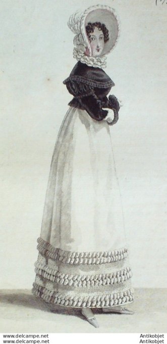 Gravure de mode Costume Parisien 1818 n°1772 Spencer de velours  Robe perkale