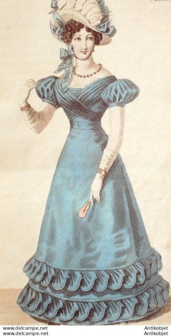 Gravure de mode Costume Parisien 1825 n°2360 Robe gros de Naples garnie
