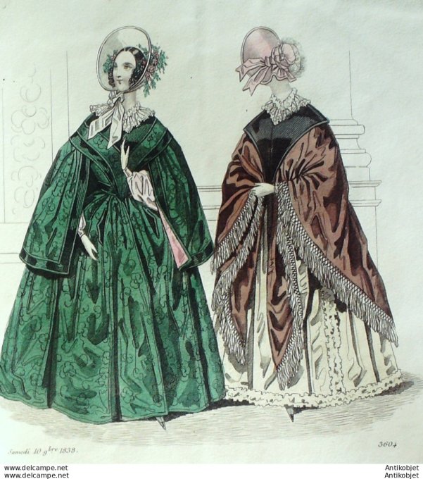Gravure de mode Costume Parisien 1838 n°3604 Manteau et mantille mantelets