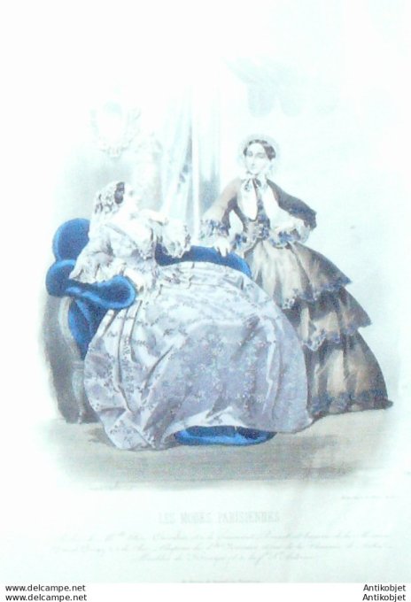 Gravure Les Modes Parisiennes 1850 # 596 Robes en gros de Naples Maison Chevalier