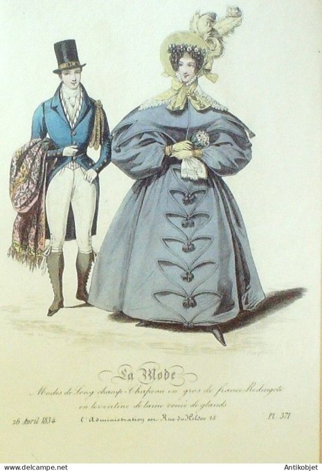 Gravure La mode 1834 # 371 (aquarelle old Fashion plate)