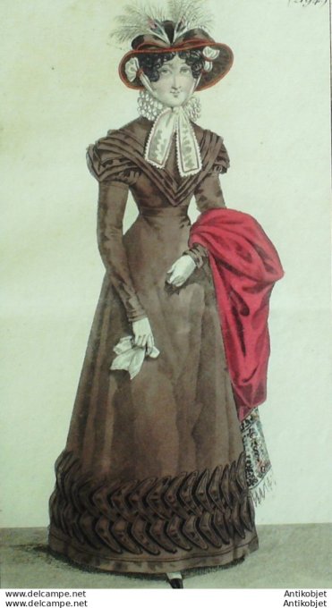 Gravure de mode Costume Parisien 1823 n°2194 Robe de Mérinos garnie de satin
