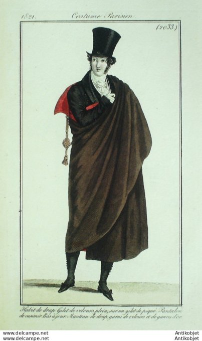 Gravure de mode Costume Parisien 1821 n°2033 Habit manteau de drap gilet