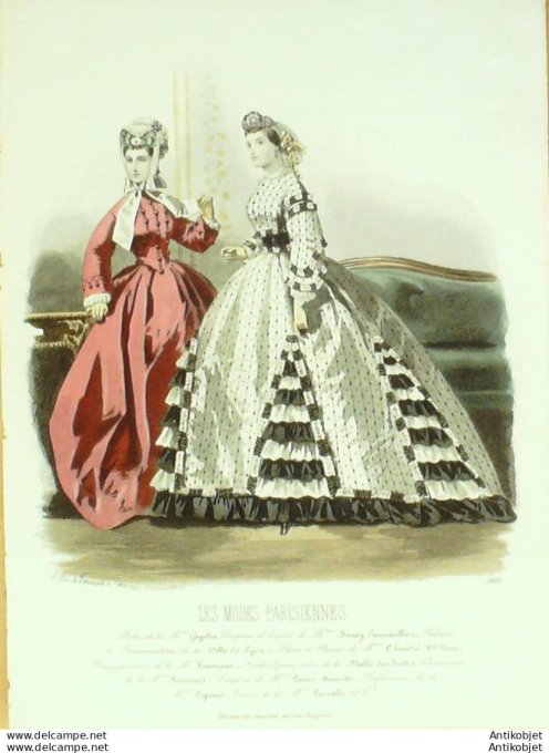 Gravure Les Modes Parisiennes 1863 #1081 Robes crêpe Maison Cagelin