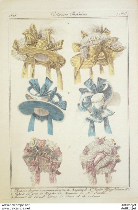 Costume Parisien 1828 # 2603 Chapeau de gaze capote gros de Naples
