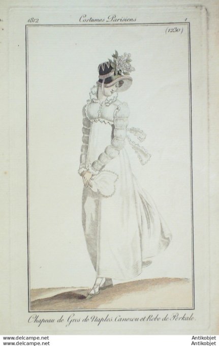 Gravure de mode Costume Parisien 1812 n°1230 Canezou & robe Perkale