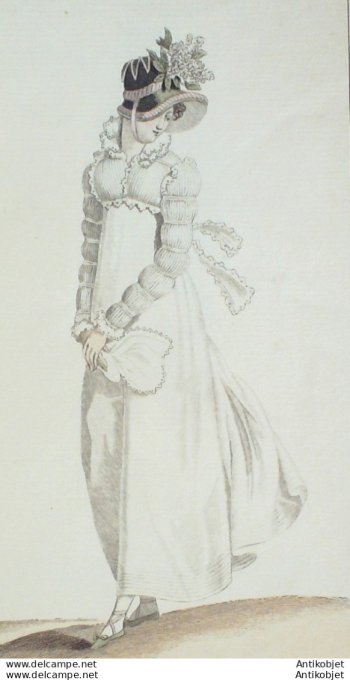 Gravure de mode Costume Parisien 1812 n°1230 Canezou & robe Perkale