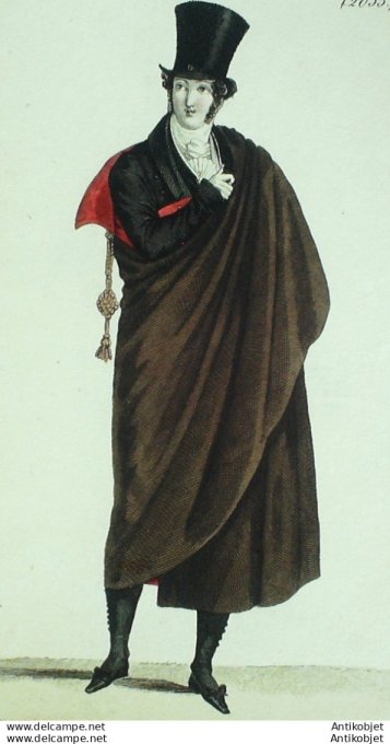 Gravure de mode Costume Parisien 1821 n°2033 Habit manteau de drap gilet