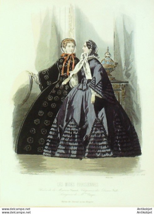Gravure Les Modes Parisiennes 1859 # 873 Robes du soir  Maison Fauvet