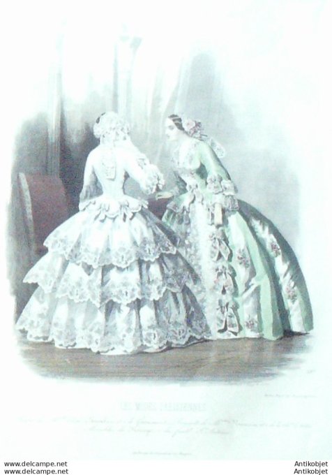 Gravure Les Modes Parisiennes 1850 # 597 Robes en Perkale Maison Chevalier