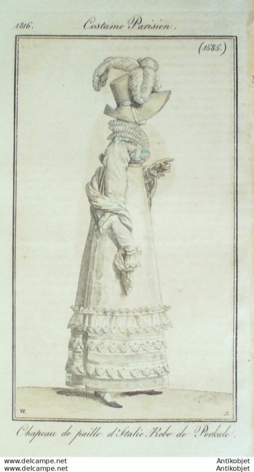 Gravure de mode Costume Parisien 1816 n°1585 Robe perkale