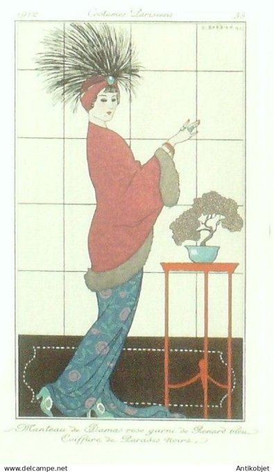 Gravure Costume Parisien 1912 # 35 Barbier George (eau forte) Manteau Damas