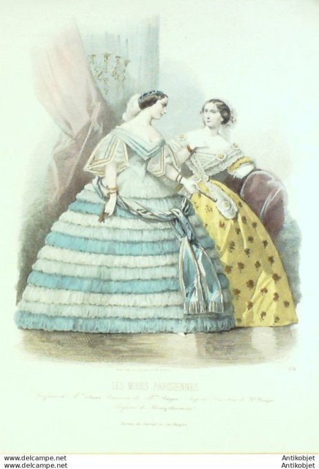 Gravure Les Modes Parisiennes 1859 # 874 Robes de bal  Maison Tilmau