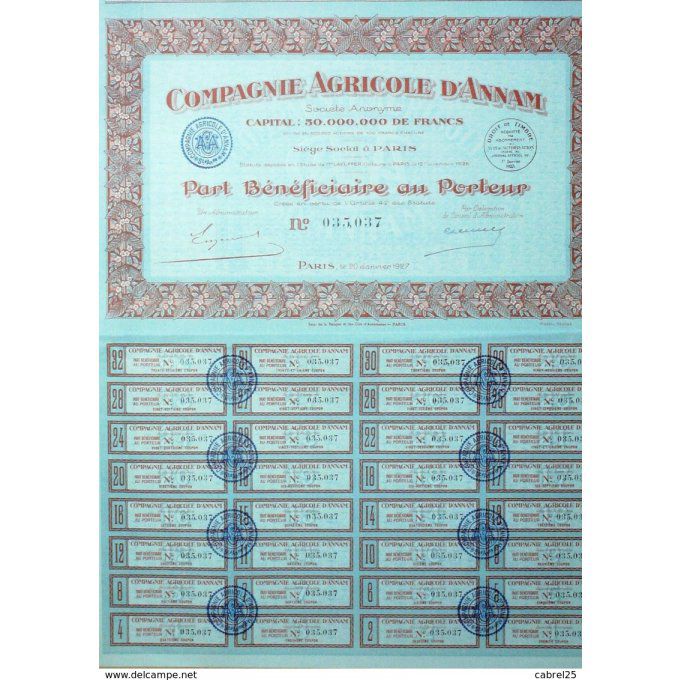 Agricole Annam Vietnam Cie action 100 Fr 1926