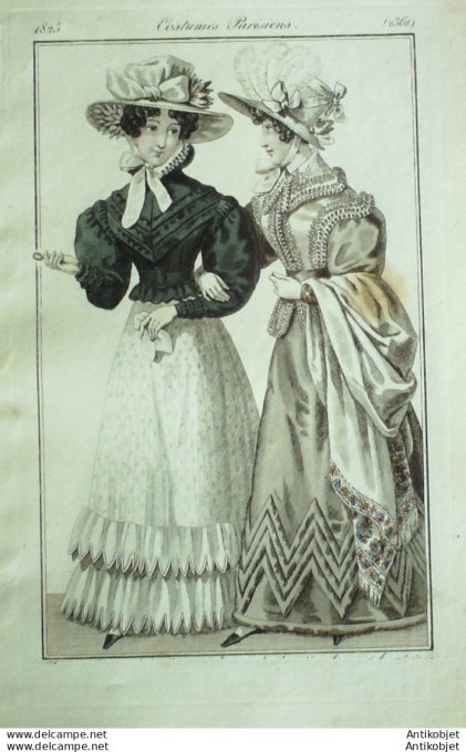 Gravure de mode Costume Parisien 1825 n°2361 Robes de perkale jupon dentelle