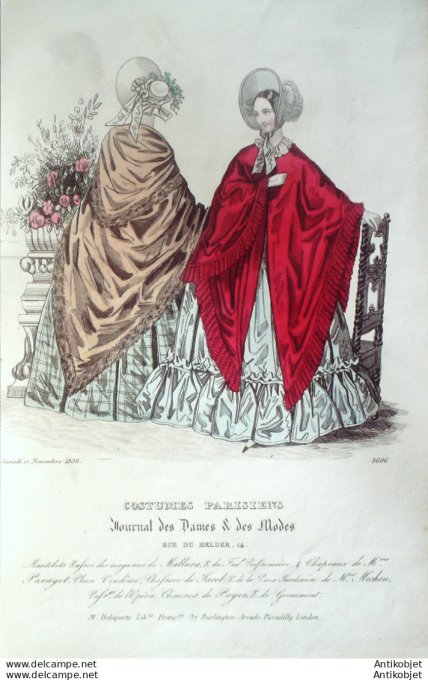 Gravure de mode Costume Parisien 1838 n°3606 Mantelets russes robe mousseline