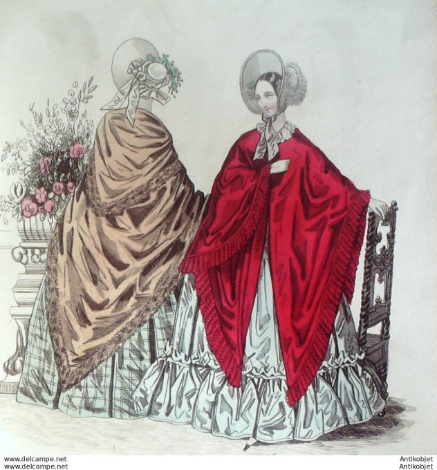 Gravure de mode Costume Parisien 1838 n°3606 Mantelets russes robe mousseline