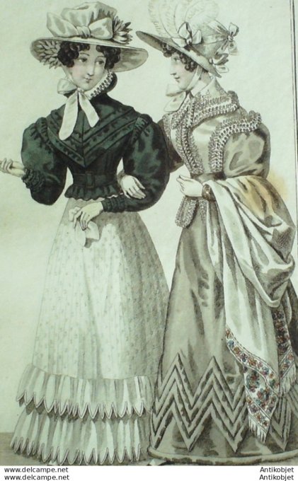 Gravure de mode Costume Parisien 1825 n°2361 Robes de perkale jupon dentelle