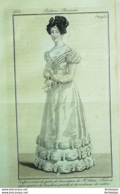 Gravure de mode Costume Parisien 1823 n°2195 Robe de gaze et satin