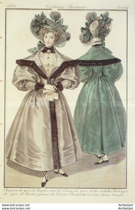 Gravure de mode Costume Parisien 1830 n°2780 Redingote de gros de Berlin garnie