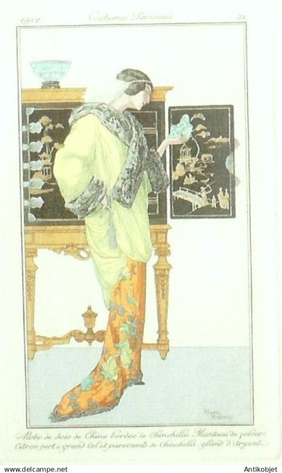 Gravure Costume Parisien 1912 # 32 Broders Roger (eau forte) Robes de Soie de Chine