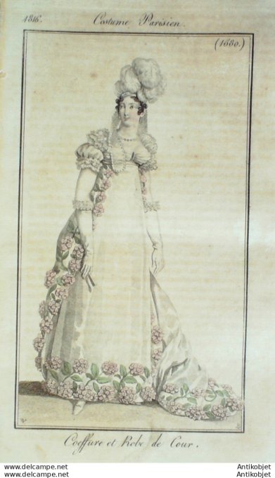 Gravure de mode Costume Parisien 1816 n°1580 Coiffure et robe de Cour