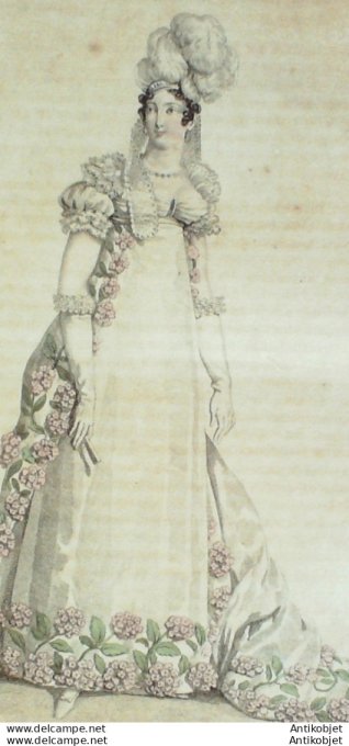 Gravure de mode Costume Parisien 1816 n°1580 Coiffure et robe de Cour