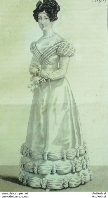 Gravure de mode Costume Parisien 1823 n°2195 Robe de gaze et satin