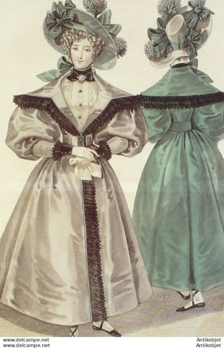 Gravure de mode Costume Parisien 1830 n°2780 Redingote de gros de Berlin garnie