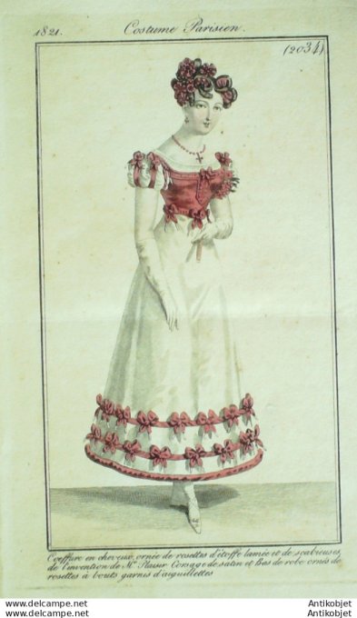 Gravure de mode Costume Parisien 1821 n°2034 Corsage satin robe de rosettes