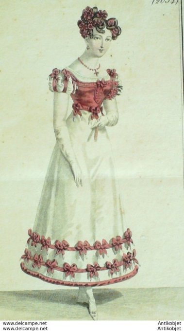 Gravure de mode Costume Parisien 1821 n°2034 Corsage satin robe de rosettes