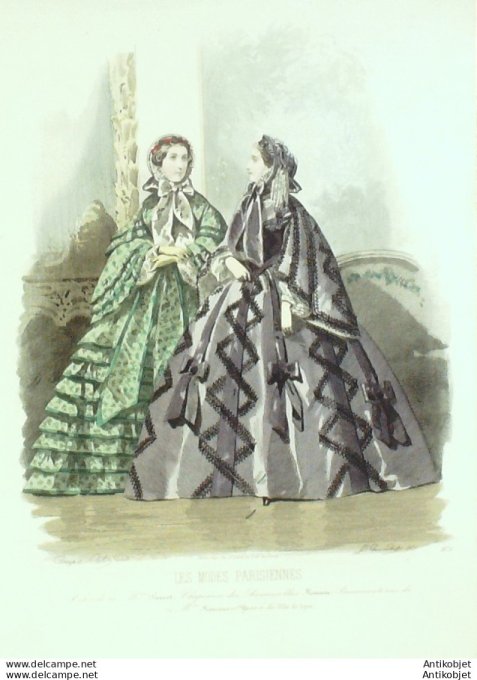 Gravure Les Modes Parisiennes 1859 # 875 Robes de promenade Maison Fauvet