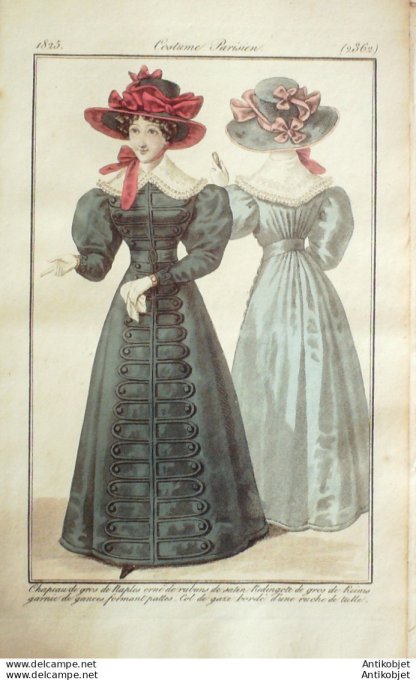 Gravure de mode Costume Parisien 1825 n°2362 Redingote gros de Naples & gances