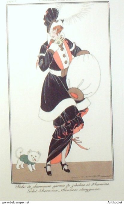 Gravure de mode Costume Parisien 1913 pl.128 LHUER Victor Robe Zibeline