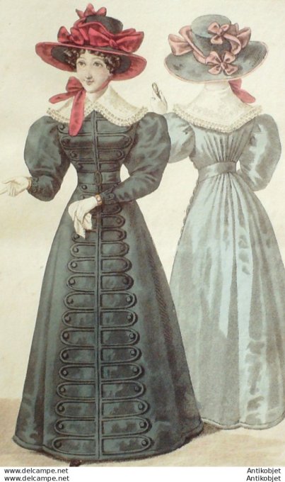 Gravure de mode Costume Parisien 1825 n°2362 Redingote gros de Naples & gances
