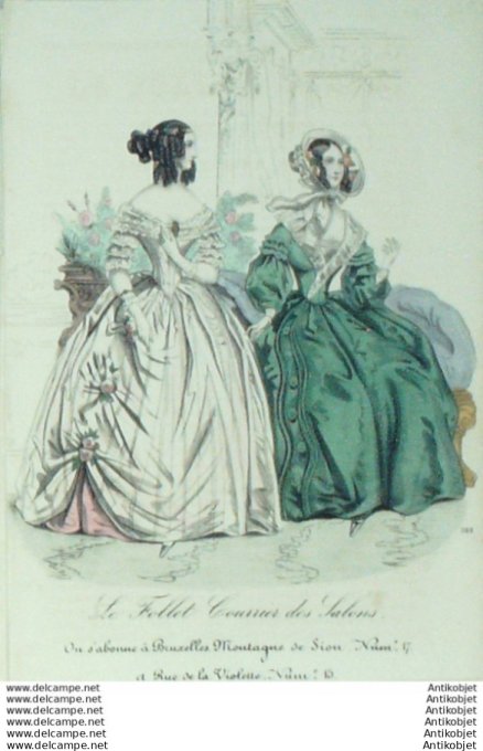 Gravure Mode Le Follet 1836 # 388 (aquarelle Old Fashion plate)