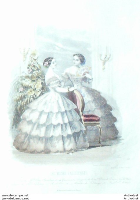 Gravure Les Modes Parisiennes 1850 # 598 Robes en dentelle Maison Chevalier