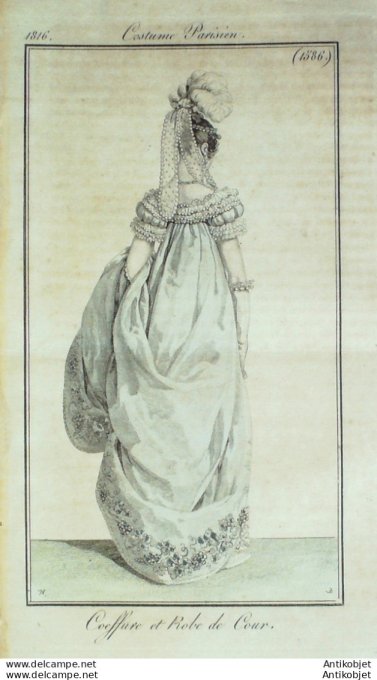 Gravure de mode Costume Parisien 1816 n°1586 Coiffure et robe de la Cour