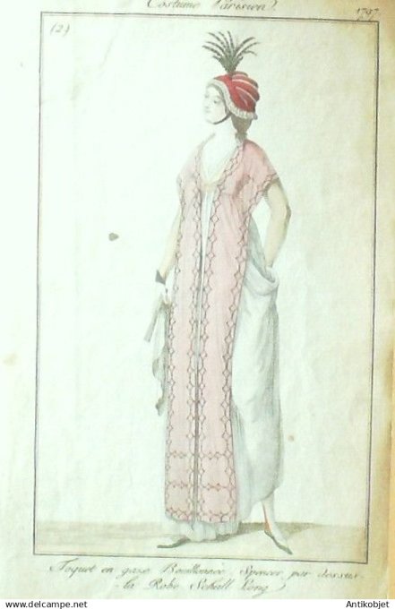 Gravure Costume Parisien 1797 an 5 #  2 (eau forte) Spencer Pardessus robe Schall